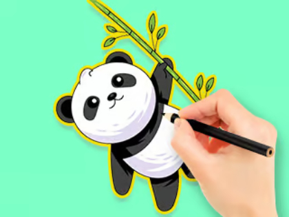 塗り絵: パンダが竹を食べる 